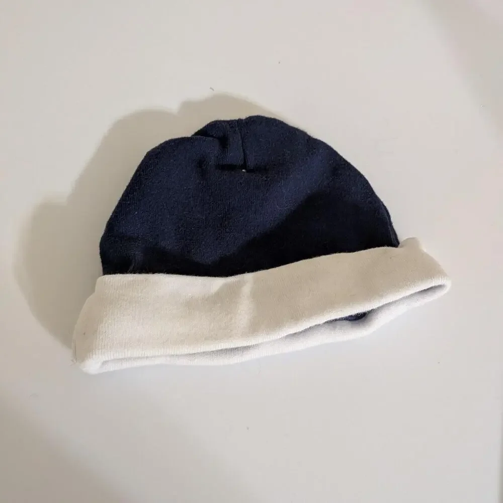 Nike Navy Blue Baby Beanie With White Fold Over And Blue Nike Logo
